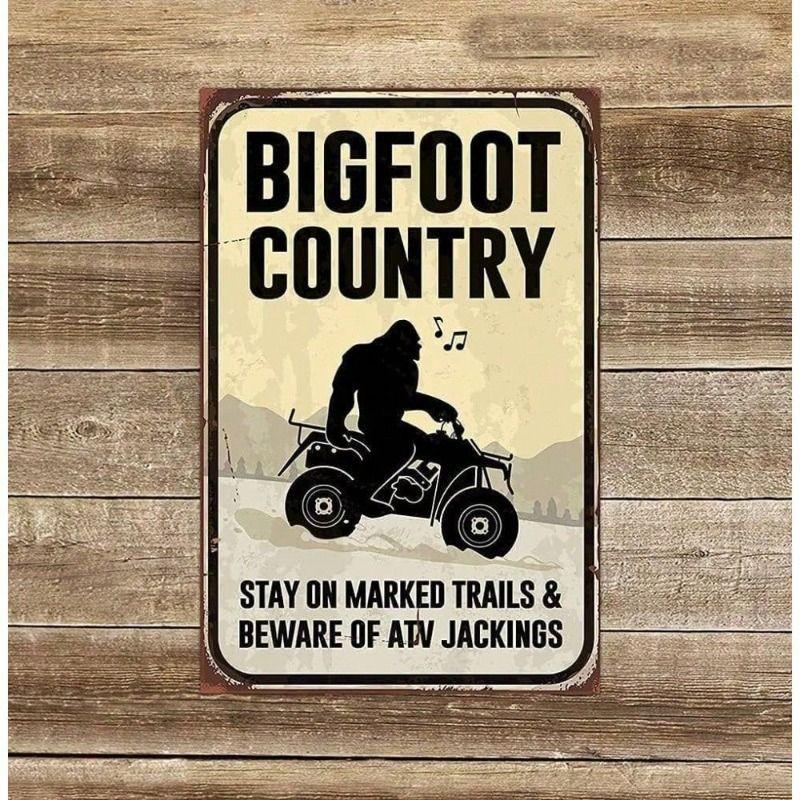 Funny Sasquatch Bigfoot Metal Wall Poster, Quad Bike Garage Bar Decor