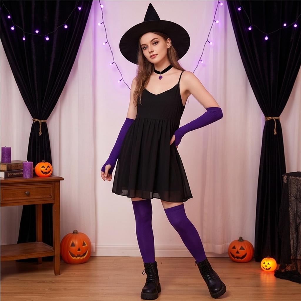 Women's Halloween Striped Over-the-Knee Socks and Gloves Set, Colorful Matching Party Costume Accessories