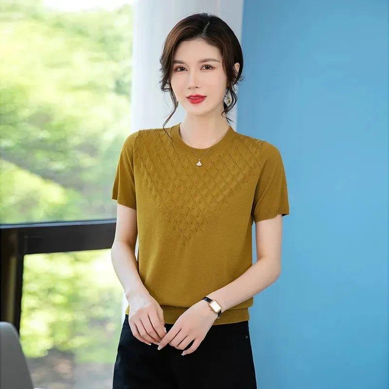 Sommer Damenbekleidung Mama Neu Einfarbig Kurzarm T-Shirt Gestrickt Rundhalsausschnitt Locker Dünnes Oberteil