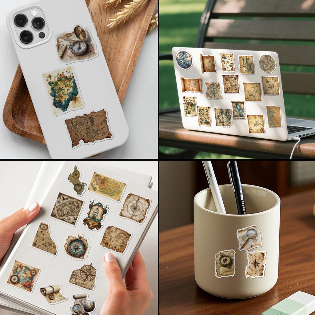 50 World Map Stickers, Maritime Exploration Compass Elements, Waterproof Handbooks, Luggage Box DIY Stickers