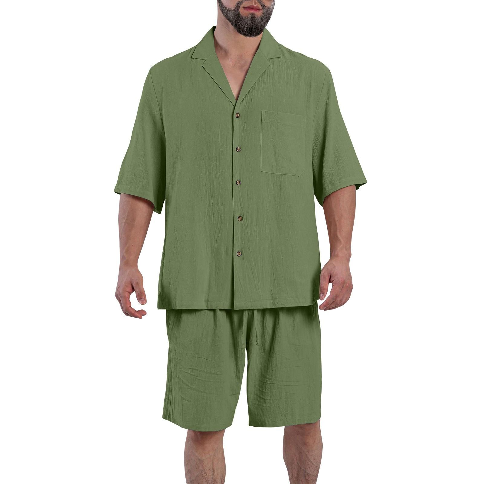 

Мужская однотонная рубашка из хлопка и льна с воротником и карманом на четверть пуговицы XXL зелёный