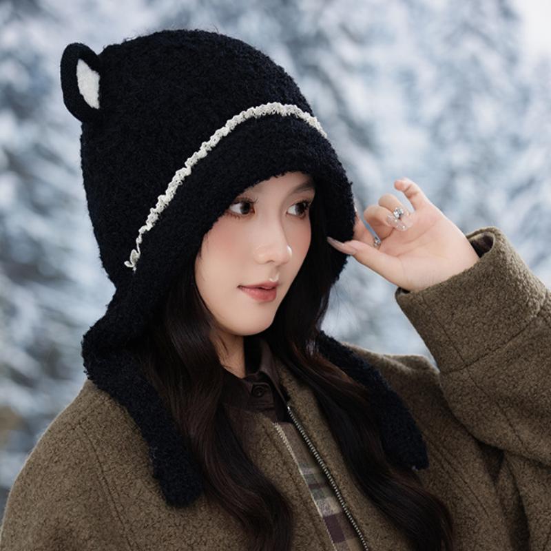 Women's Bear Ear Thermal Hat Autumn and Winter New Cold Hat Fleece Thickened Ear Protection Hat
