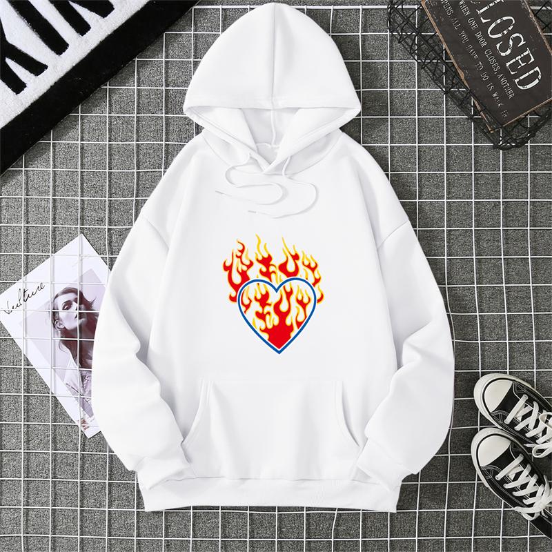 Love Fire Graphic Print Hoodie Pure Cotton High Quality Loose Shoulder Hooded Sweater Trend Fashion Sweatshirt