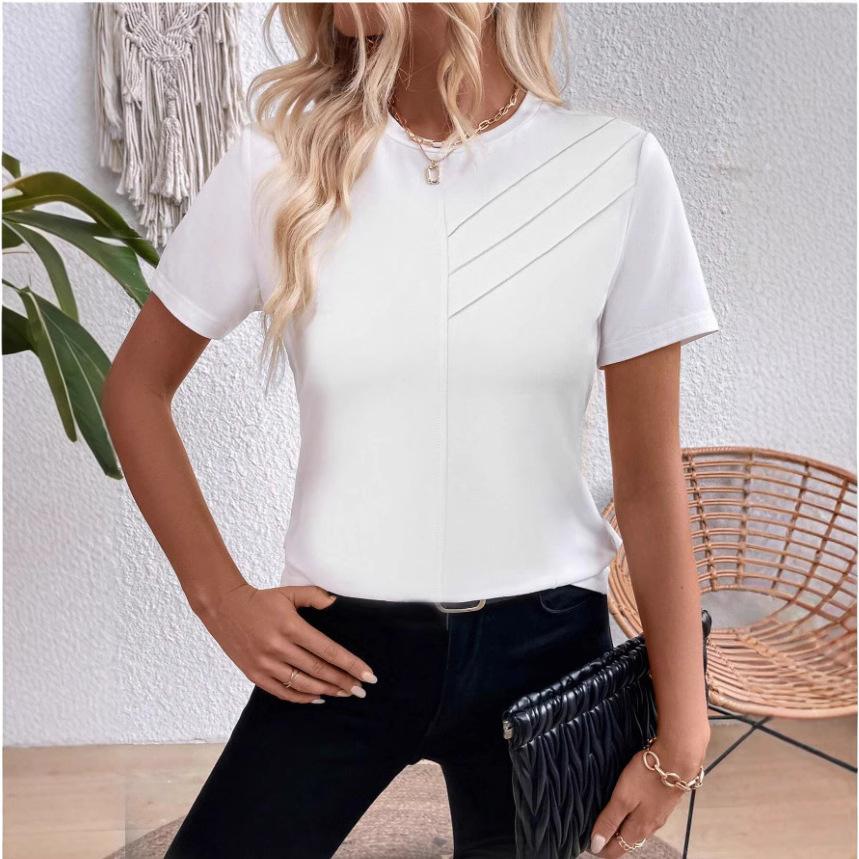 Ladies Summer O Neck Short Sleeve Solid Color Pullover T Shirt Top