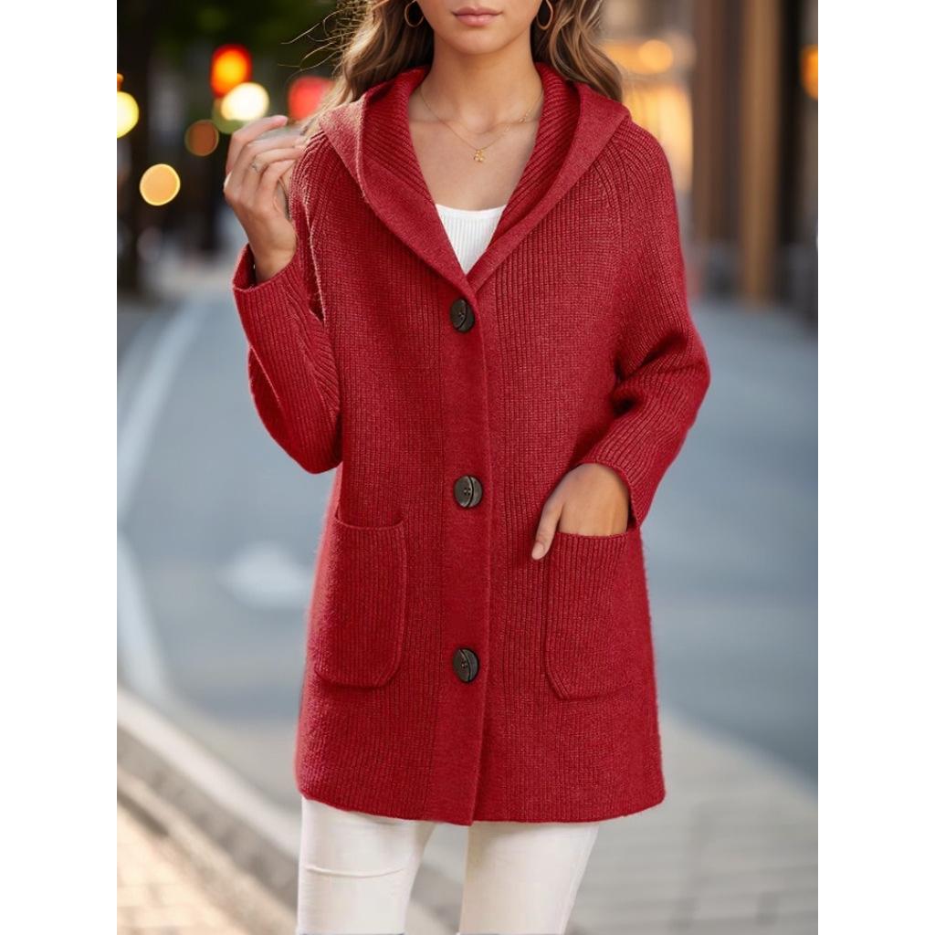 Women's Mid-Length Hooded Knit Cardigan - 2024 Autumn/Winter Casual Solid Thick Sweater Coat