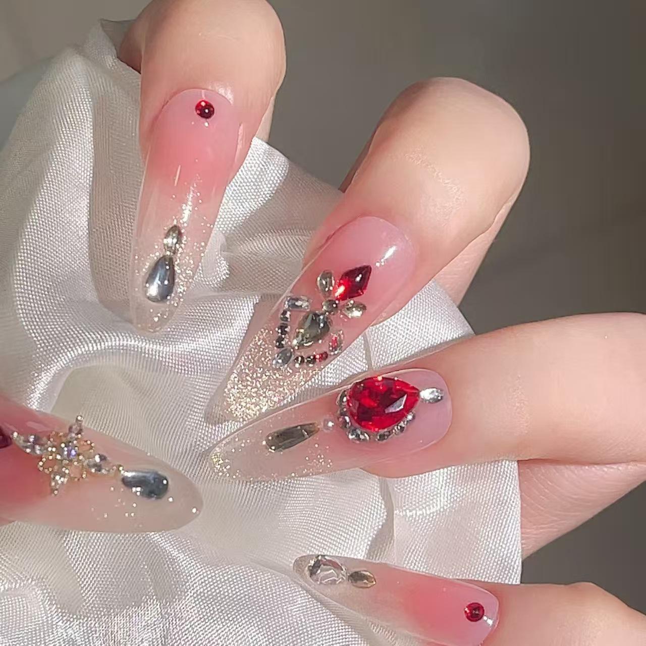 Courtly Retro Ruby Cat Eye Nails: Elegant Water Drop Diamond Manicure Large