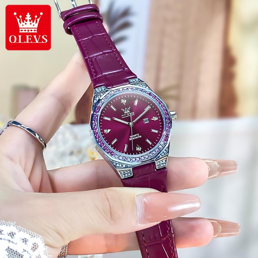 OLEVS Women's Watches Pink Watch Girl for Women Leather Strap Waterproof Full Diamond Bezel Elegant Ladies' Watches