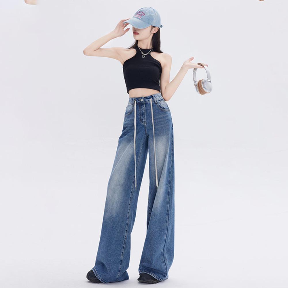 Women's High Waist Drawstring Wide Leg Jeans Vintage Blue Loose Baggy Denim Trousers Casual Oversized Pants XS‑2XL