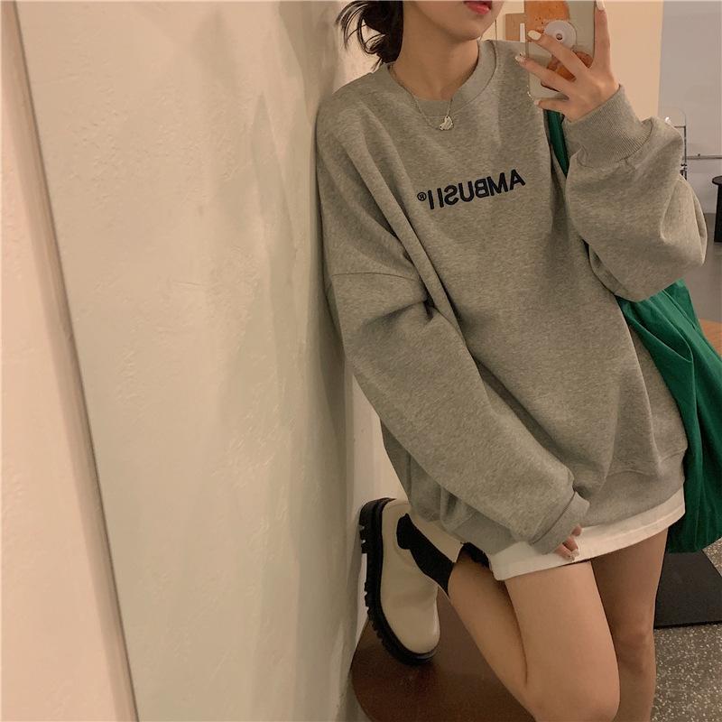 Women's Letter Printed Thick O-neck Sweatshirt Student Loose Oversize Long Sleeve Autumn Winter Warm Pullover Hoodie
