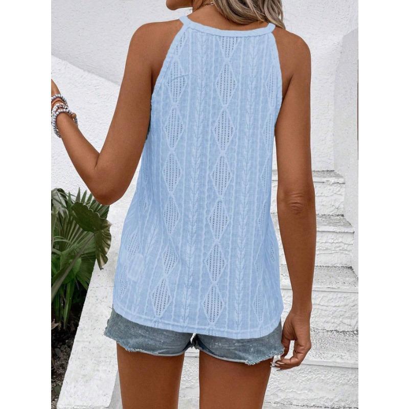 Wiosenno-letnia teksturowana ażurowa kamizelka na ramiączkach z dekoltem typu halter
