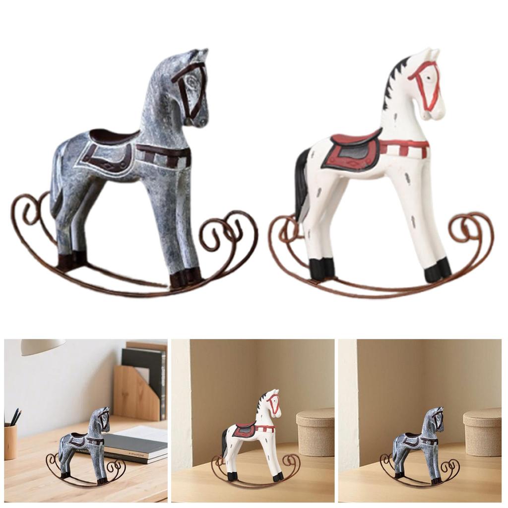 Wooden Rocking Horse Statue Animal Sculpture Collection Desktop Ornament for Nightstand Cabinet Countertop Bookshelf Decor