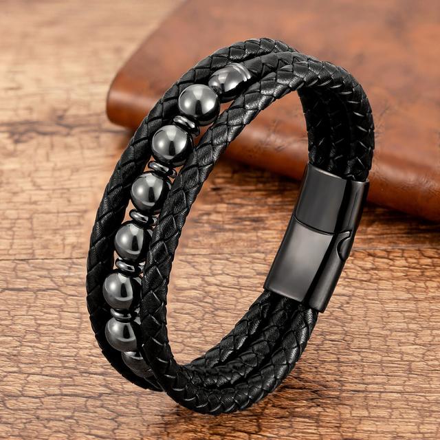 Trendy Multilayer Leather Bracelets Men Jewelry 9 Style Round Stone 8mm Beaded Bracelets For Male Women Valentine Day Gifts