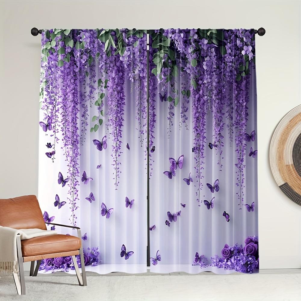 2Pcs Polyester Stylish Spring Purple Printing Window Curtains Birthday Party Decoration Backdrop Drapes for Living Room