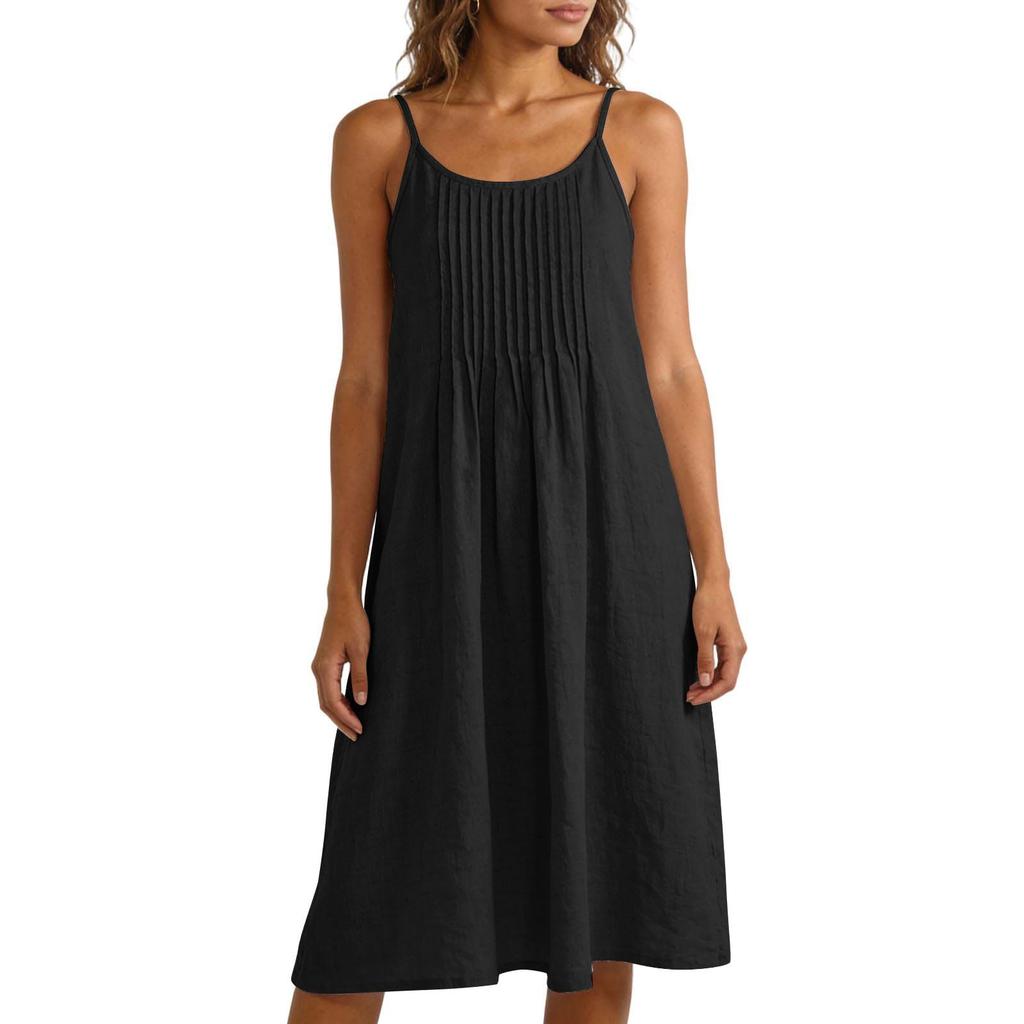 Linen Maxi Dresses for Women Sleeveless V Neck Long House Dress Casual Loose Fit Summer Sundress with Pockets