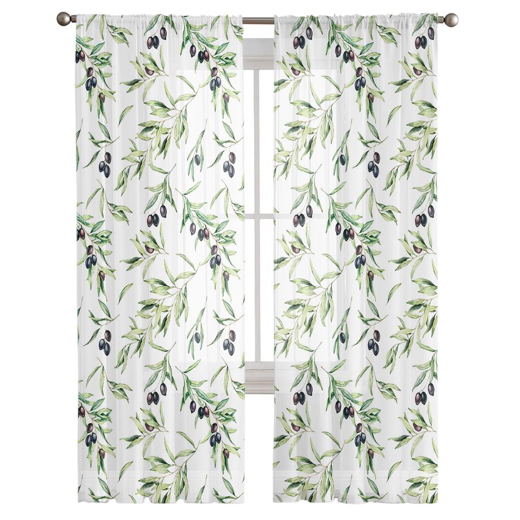 Watercolor Olive Leaf Texture Tulle Window Curtain Sheer Valances Curtains For Living Room Home Decoration Drape Panel