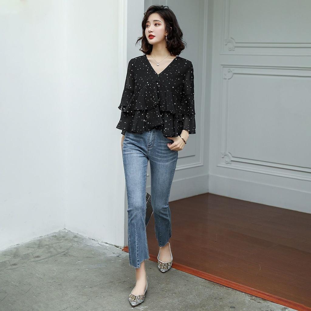 Chiffon-Top Damen Sommer Neu Sternbedruckt V-Ausschnitt Chiffon-Shirt Damen Dreiviertelarm Schwarz Vielseitige Bluse