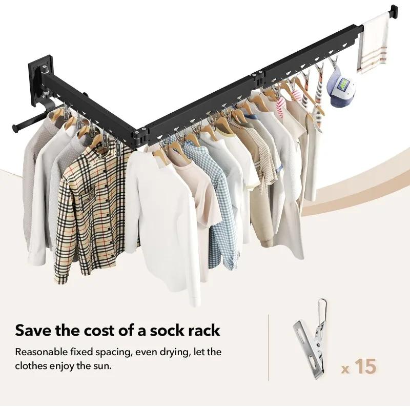Wall Mounted Clothes Hanger Rack - Extendable Drying Rack with Mounting Brackets