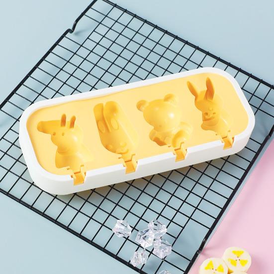 Silicone Ice Cream Mold with Anti-Spill Dust-Proof Cover 4 Cavities Cute Shapes Popsicle Mold Easy Demoulding Popsicle Maker for Kids Summer Party