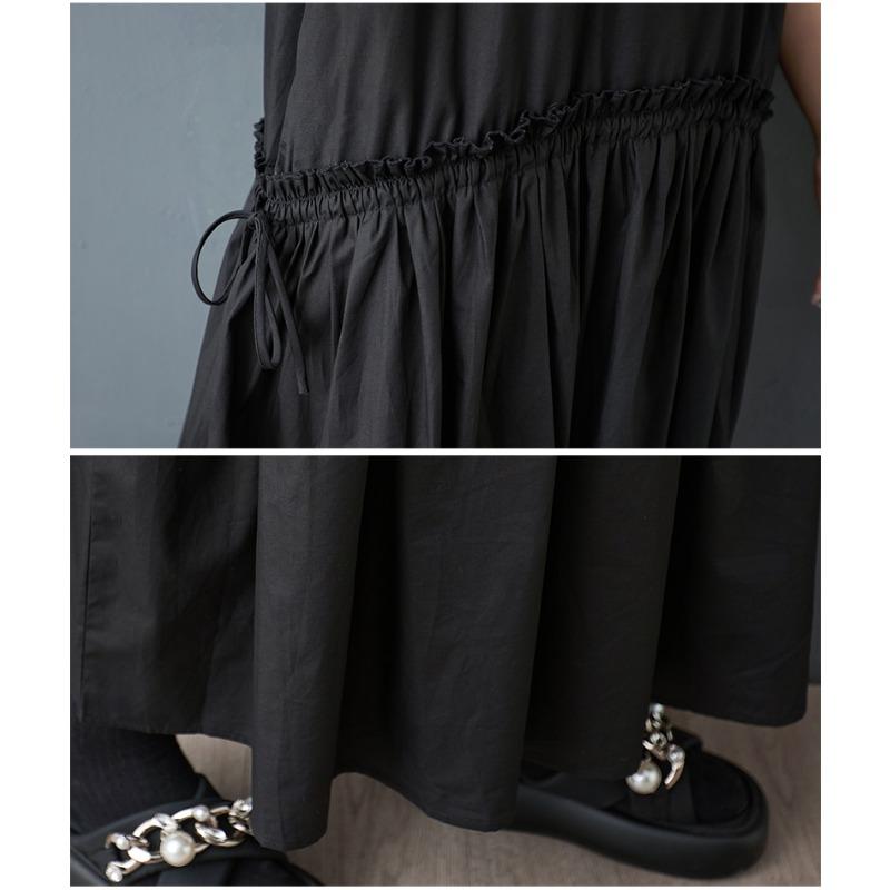 Dimanaf Plus Size Loose Dress Women 2025 Pleated New Summer Style Shirt O-Neck Black Dress