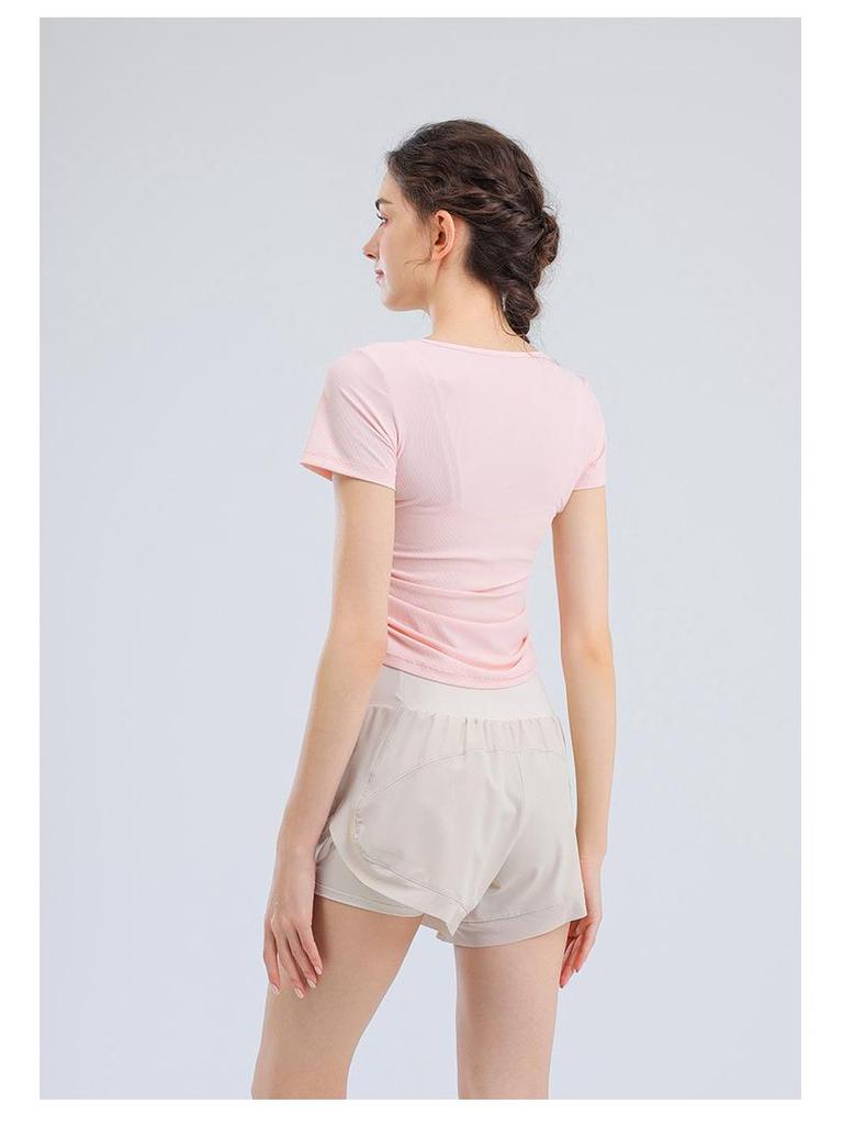 Women's V-Neck Short Sleeve Sports T-Shirt - Solid Color, Breathable, Slimming Fitness Top for Spring/Summer.
