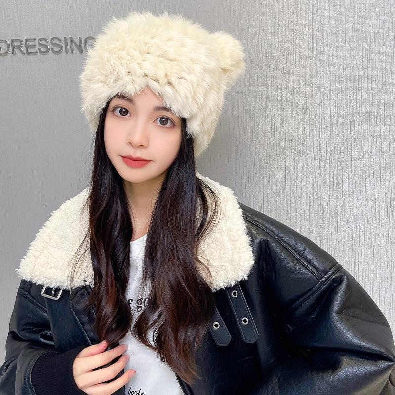 Cute cat ears real rabbit fur hat thickened thermal hat fashionable versatile fur straw hat women's autumn and winter versatile tide
