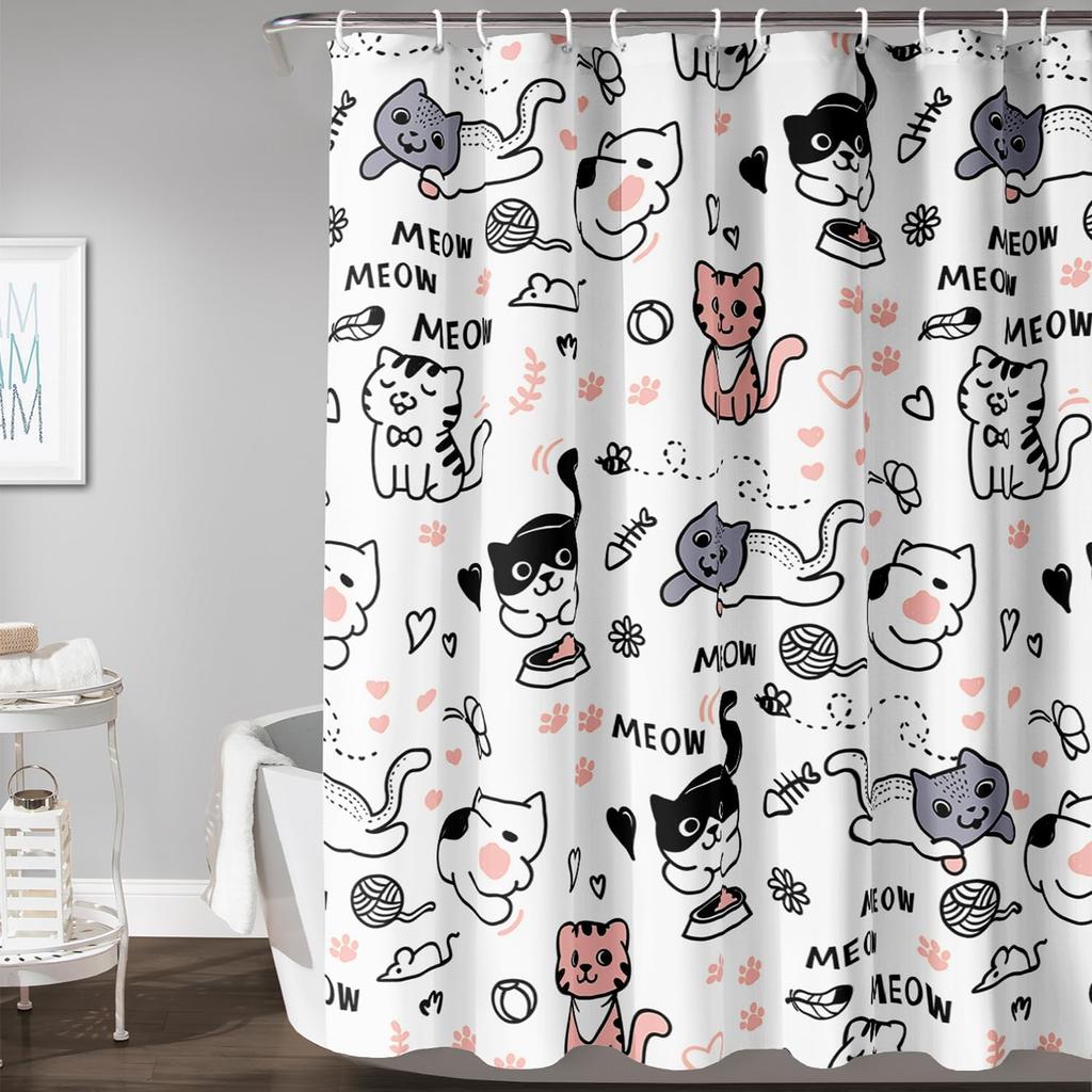 Cute Cat Cartoon Pet Cat Kitten Bathroom Curtain,Cat Paw Print Cat Lover Bath Curtain Polyester Waterproof Bathroom Curtain Wi