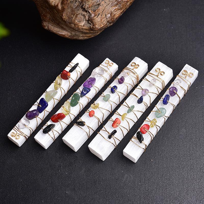 Natural Selenite Stick Wire Wrapped 7 Chakra Stones Healing Rock Stone Specimen