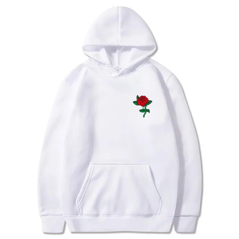 Autumn New Hip Hop Streetwear Fashion Hoody Rose Printed Fleece Pullover Casual Mens Women Hoodies Sweatshirts