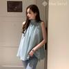 Blue Beryl Chiffon Back Women's Blouse, Gathered, Sleeveless, Ribbon, Lined, Stylish, Blue, BB078-BL-XL