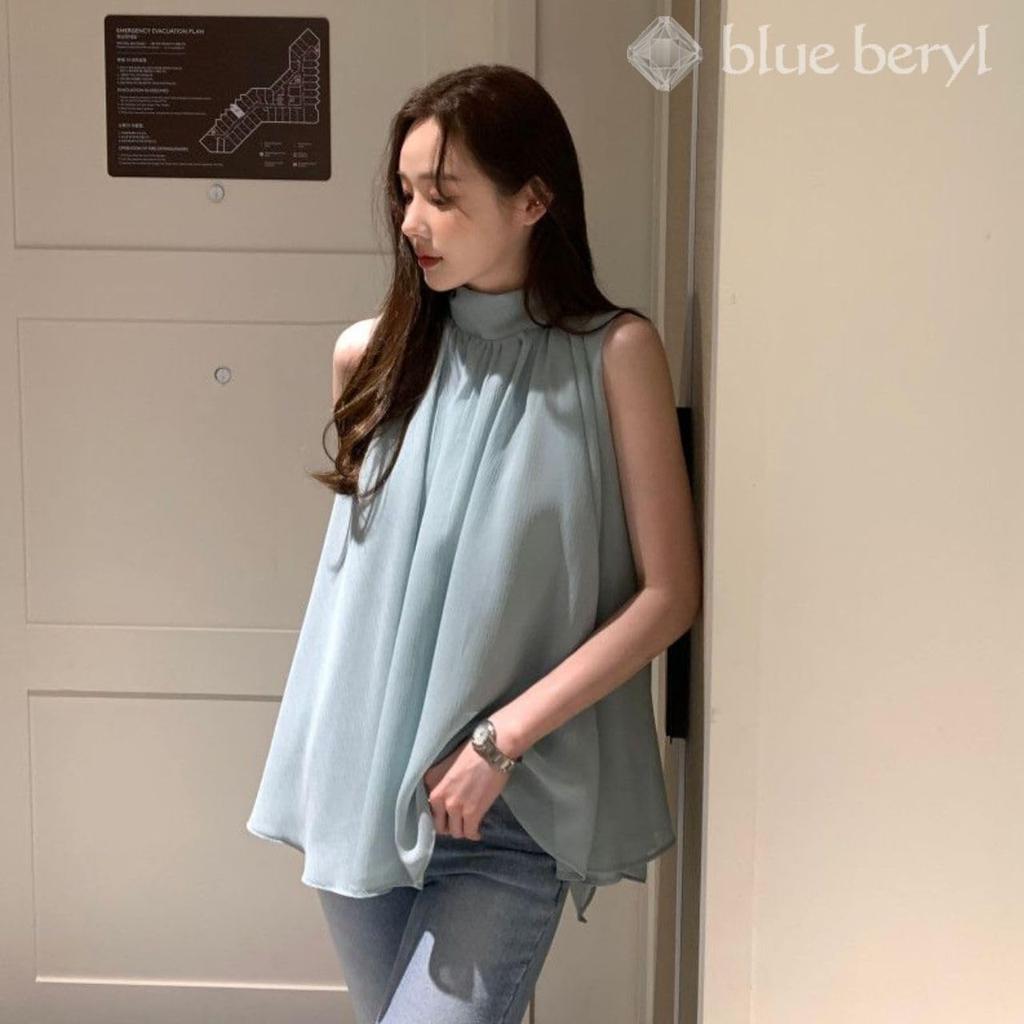 Blue Beryl Chiffon Back Women's Blouse, Gathered, Sleeveless, Ribbon, Lined, Stylish, Blue, BB078-BL-XL