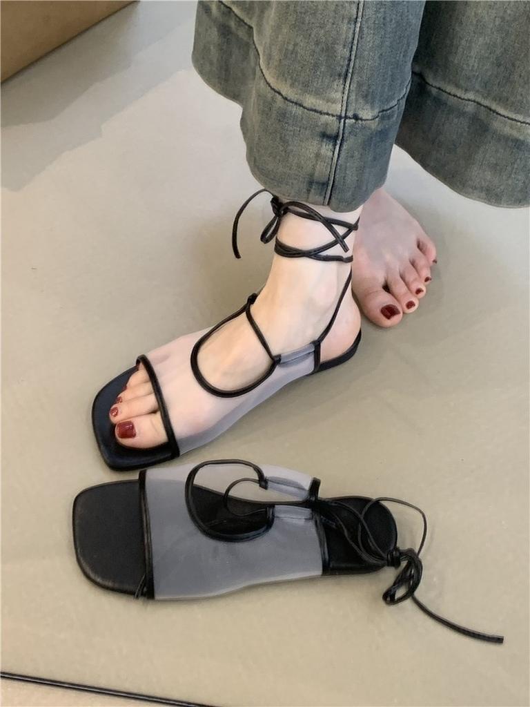 Niche design sandals women's shoes retro mesh breathable open-toe strap sandals