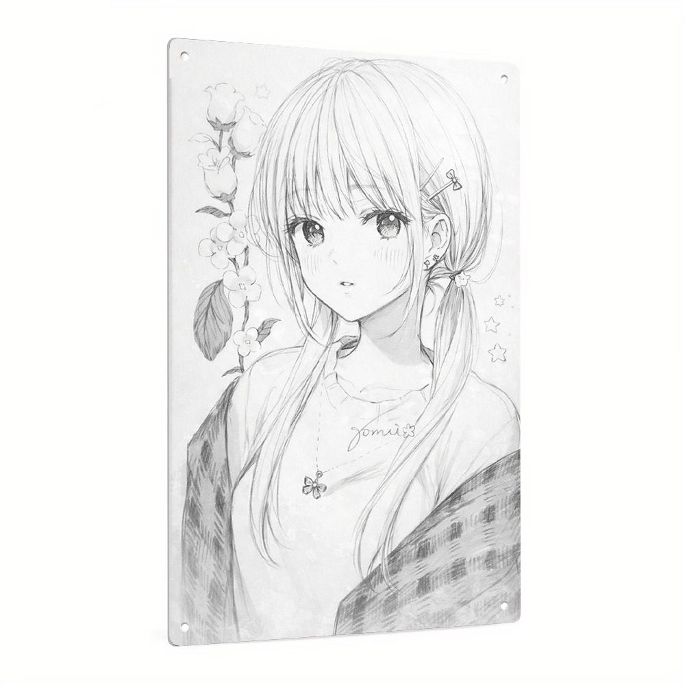 D Flat Metal Sign Anime Girl Sketch Floral Aesthetic Wall Art Home Decor Cafe Gift 20x30cm(7.8x11.8inch)