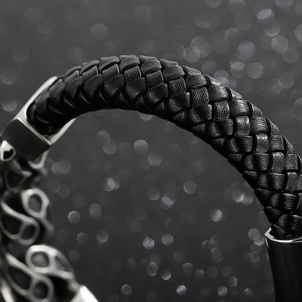 Punk 316L Stainless Steel Skull Bracelet for Men Vintage Men's Braided Leather Rope Chain Wrap Bracelets Massive Male Jewelry