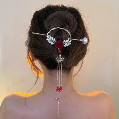 Vintage Haarnadel mit Imitationsperle und Quaste, lange Haarnadel mit Fransen und Kopfbedeckung