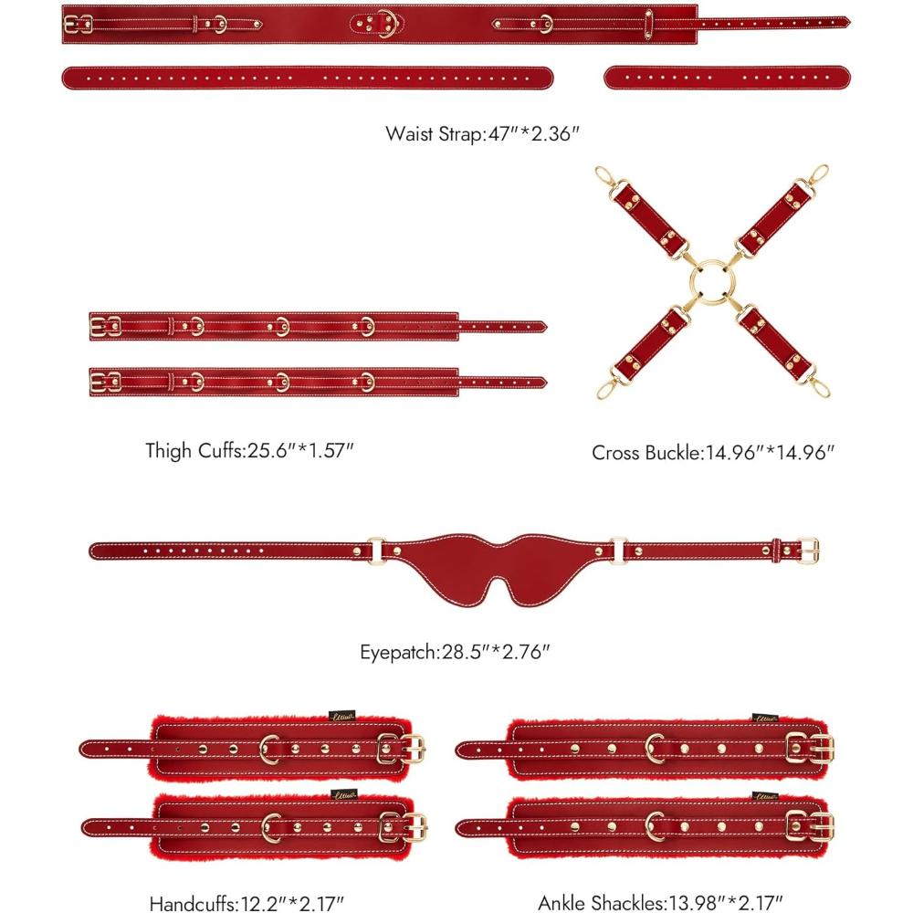 6PCS BDSM Bondage Restraints Kit, Adjustable Handcuffs Ankle Cuffs Thigh Cuffs Blindfold Waist Strap Cross Strap, Soft Comfortable Bondage Set for