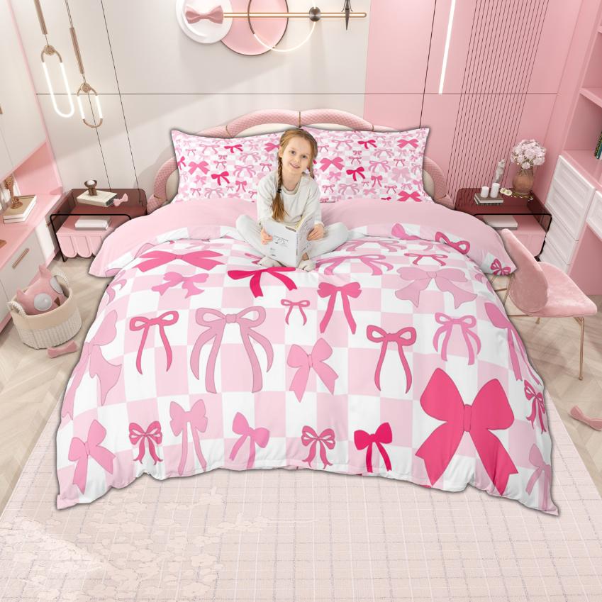 Homewish Kawaii Bowtie Bowknot Duvet Cover Set For Kids Girls 2Pcs/3Pcs Cartoon Ribbon Bow Knot Bedding Princess Style Bed Set
