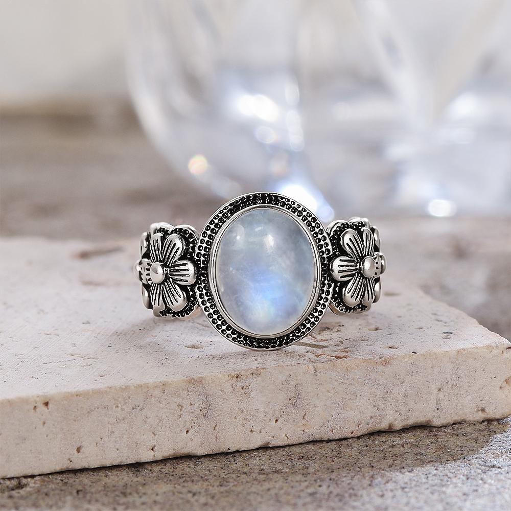 Vintage 925 Silver Ring Natural Moonstone Flower Ring 925 Hollow Eye Shape Round Sun And Moon Ring Fine Jewelry for Women Men