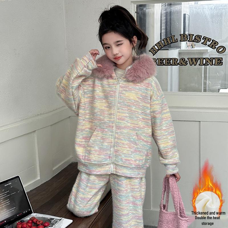 

Дівчачий флісовий комплект осінь-зима 2025: Затишний флісовий топ з клейкого рису та двокомпонентний костюм зі штанів широкого крою 160cm