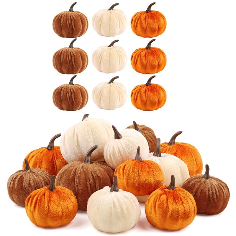 M-Modern-Artificial Pumpkins Decor,3 Colors Faux Flocked For Party Wedding Halloween Thanksgiving Table Decoration