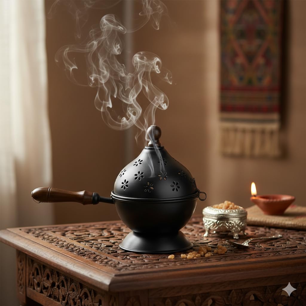 Metal Loban Dani & Dhup Dani for Puja - Sambrani Holder Dhoop Stand with Handle - Traditional Dhuni Burner, Frankincense & Bakhoor Burner for Home