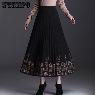 Winter Patchwork Black Knitted Long Skirt Retro A-line Print Skirt