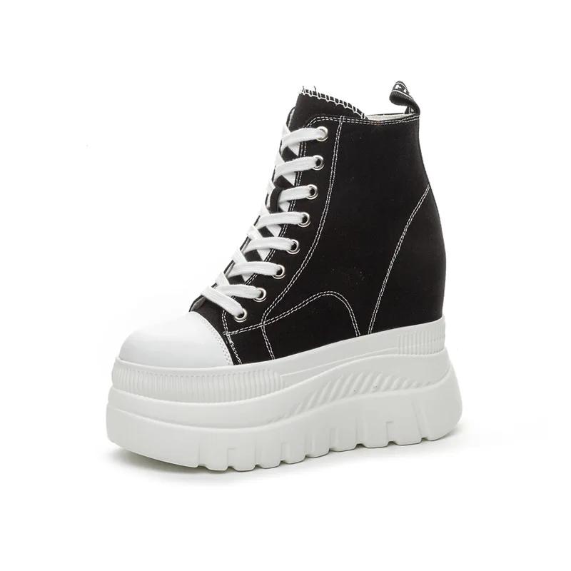 Fashion 12CM New Denim Women Breathable Platform Hidden Heels Shoes Genuine Leather Synthetic Chimney Fashion Spring Ankle Booties