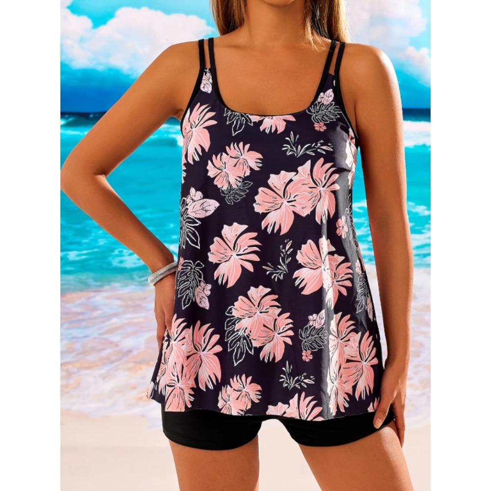 Damkläder Tankini 2-delad Baddräkt Blommönster Tryck Semester Badkläder