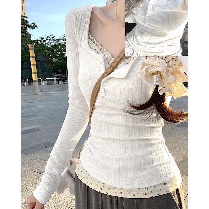 Elegant Lace Two-Piece Slim-Fit Long-Sleeve T-Shirt for Women - French Spring/Autumn Style