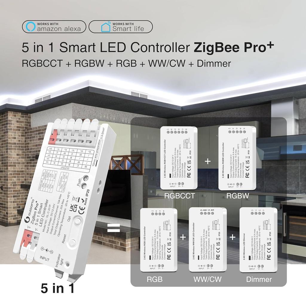 ZigBee 3.0 Pro+ 5 in 1 LED Strip Controller 20A Max RGBCCT/RGBW/RGB/CCT/Dimmer Alexa Homey Tuya Smart APP Voice Control, GL-C-201P, White