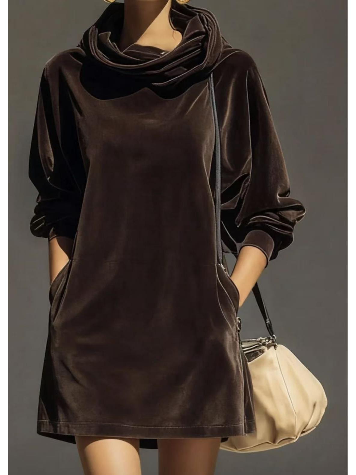 Women s Solid Color Velvet Hooded Dress - Spring/Autumn 2026 Collection M