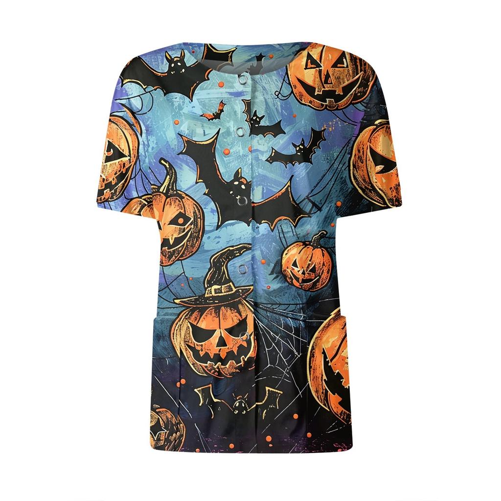 Women's Short Sleeved Patterned Pockets, Work Print Stand Up Collar, Single Breasted Protective Clothing, Cardigan Jacket, Top