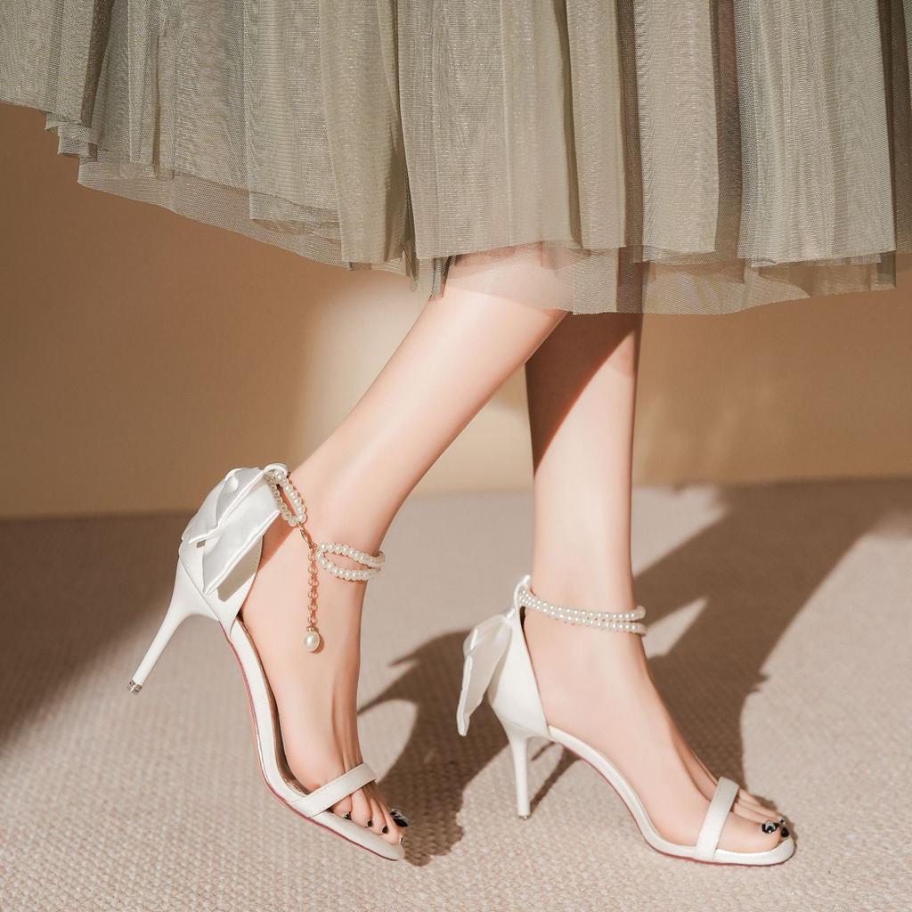 Pearl chain new sandals bow satin banquet wedding shoes high heels