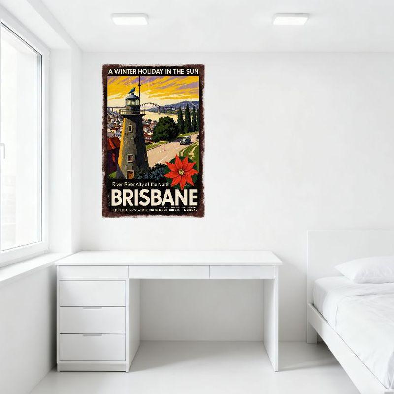 Vintage Brisbane 'A Winter Holiday in the Sun' Metal Tin Sign, Lighthouse Red Poinsettia Retro Travel Poster for Home Bar Cafe M