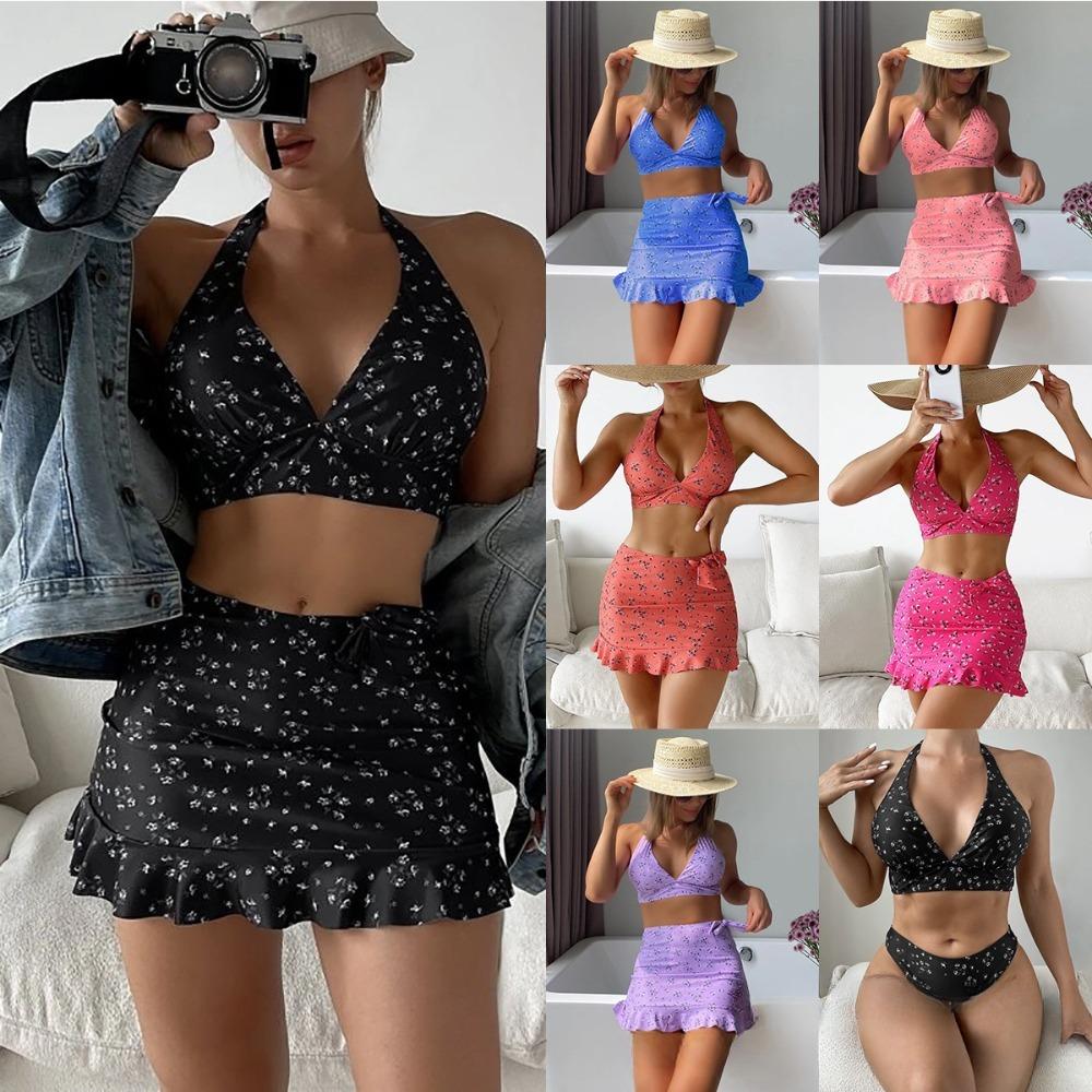 Maillot de bain trois pièces pour femmes à imprimé multicolore, bikini fendu sexy à la mode européenne et américaine